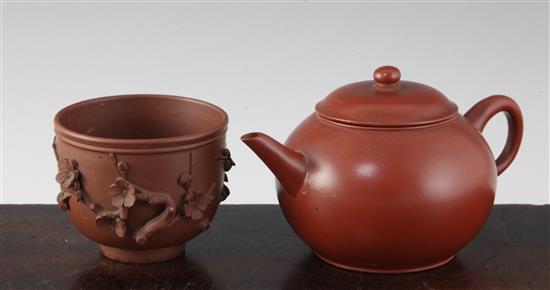 A Chinese Yixing pottery globular teapot and a similar prunus cup, 19th century, 6.5cm